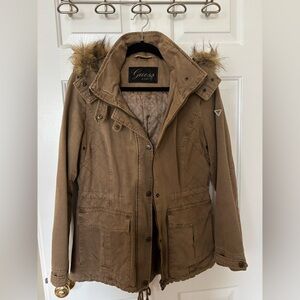 Guess Women's Tan Jacket with Faux Fur Hood